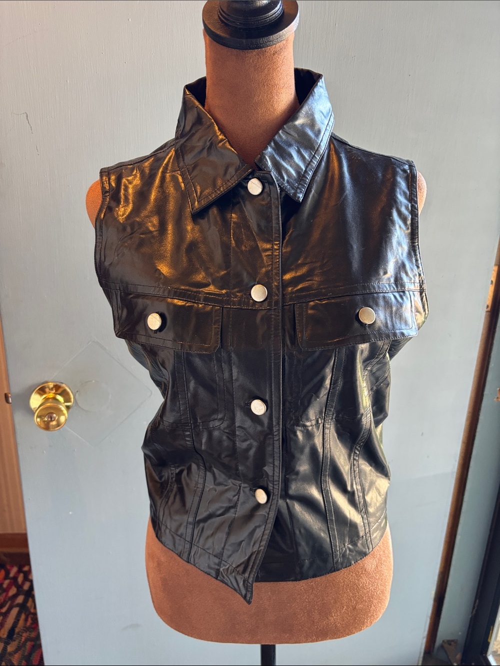 Selene Sport Black Faux Leather Sleeveless Snap-Front Vest
